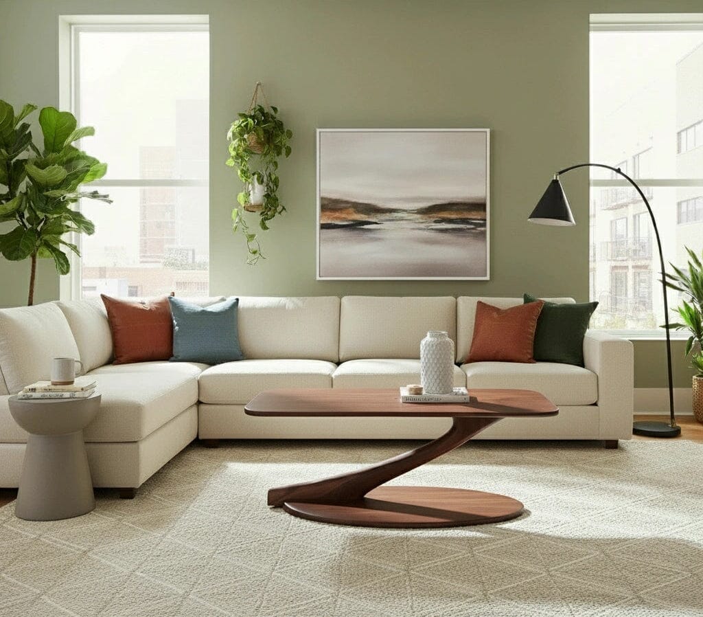 A modern living room with a cream sectional sofa, colorful pillows, large windows, green walls, plants, abstract wall art, a black floor lamp, and a TY Fine Furniture Cantilever Coffee Table Solid Wood in Walnut.