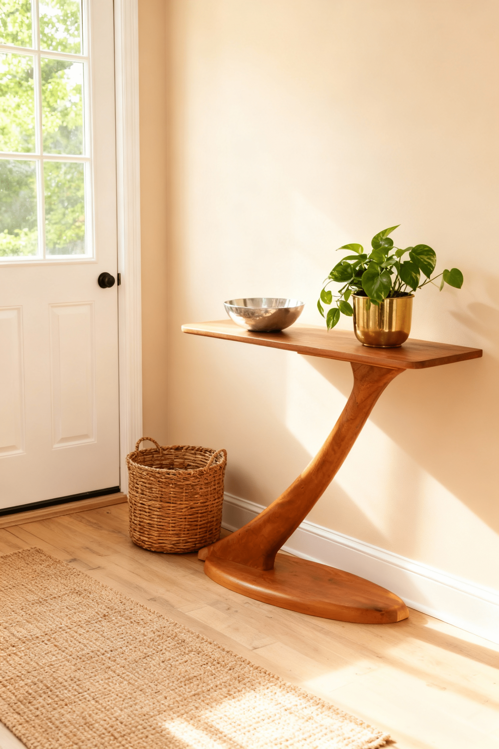 The TY Fine Furniture Cantilever Console Table - Cherry, featuring a curved base, stands in a sunlit entryway. A potted plant and metal bowl sit on top, with a nearby wicker basket and glass-paneled door letting in natural light.