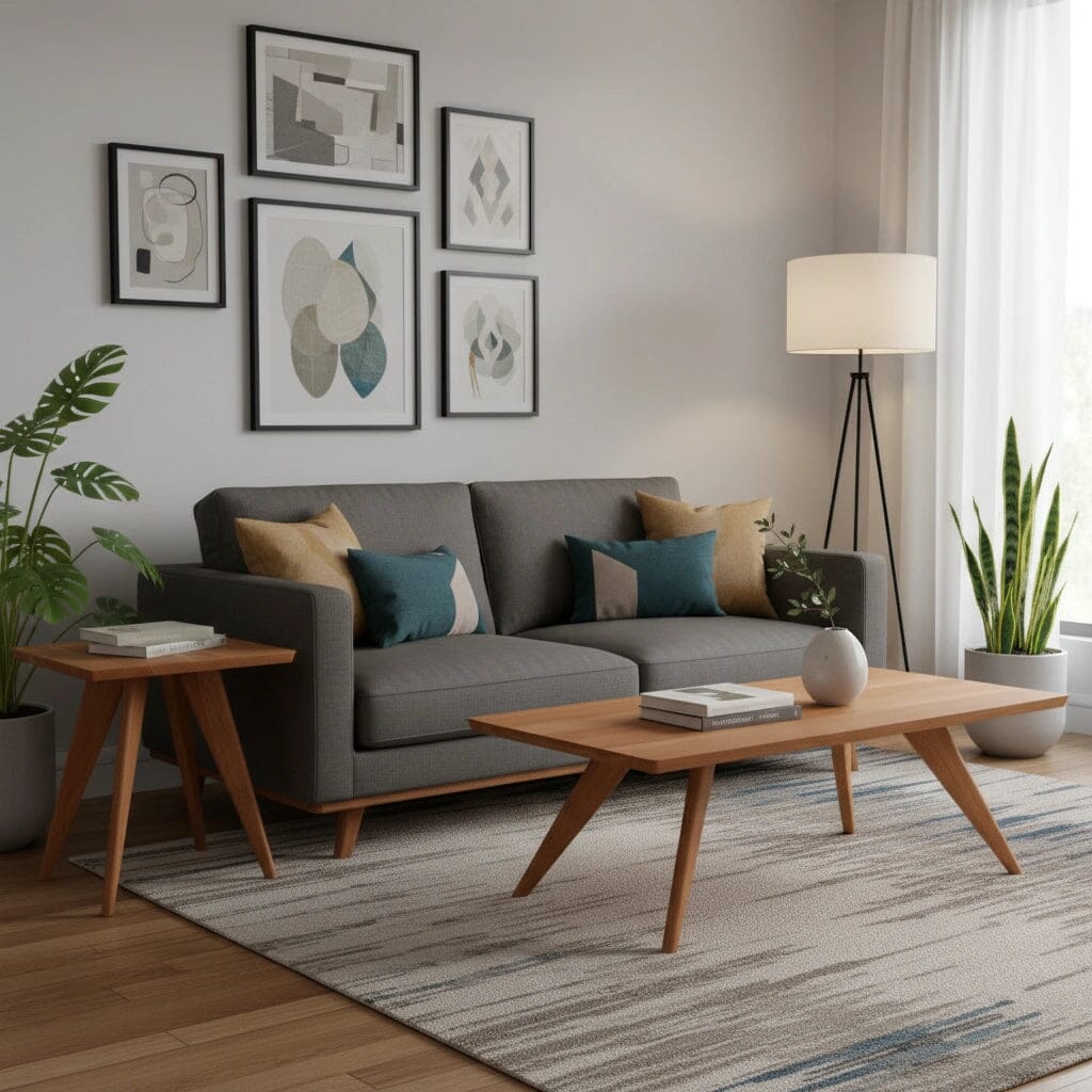A modern living room with a gray sofa, TY Fine Furniture Essentials Solid Wood Side Table Cherry, coffee table with hairpin legs, green plants, abstract wall art, floor lamp, and natural light for a cozy, stylish vibe.