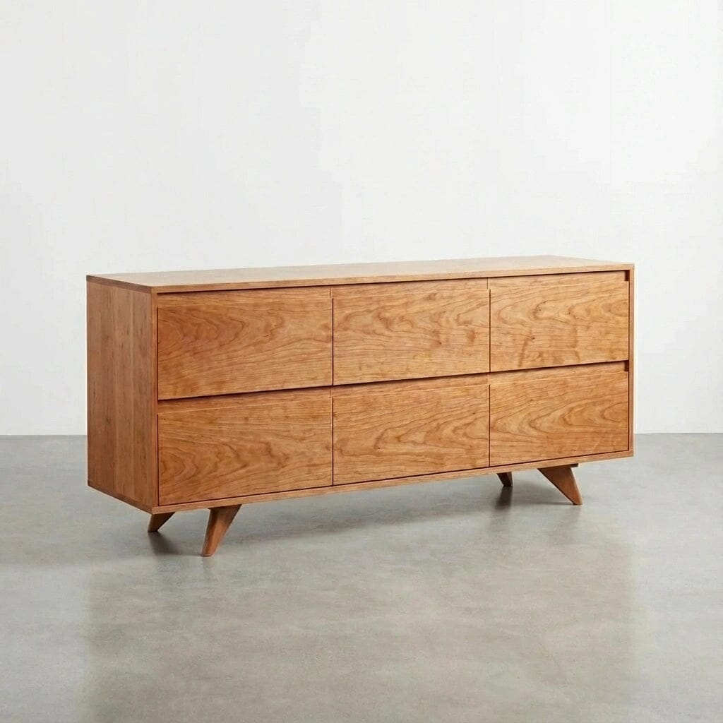 The TY Fine Furniture Mid-Century Modern Dresser - Solid Wood | Columbus features six drawers, angled legs, and a natural wood finish, and is shown standing on a gray floor against a white wall.
