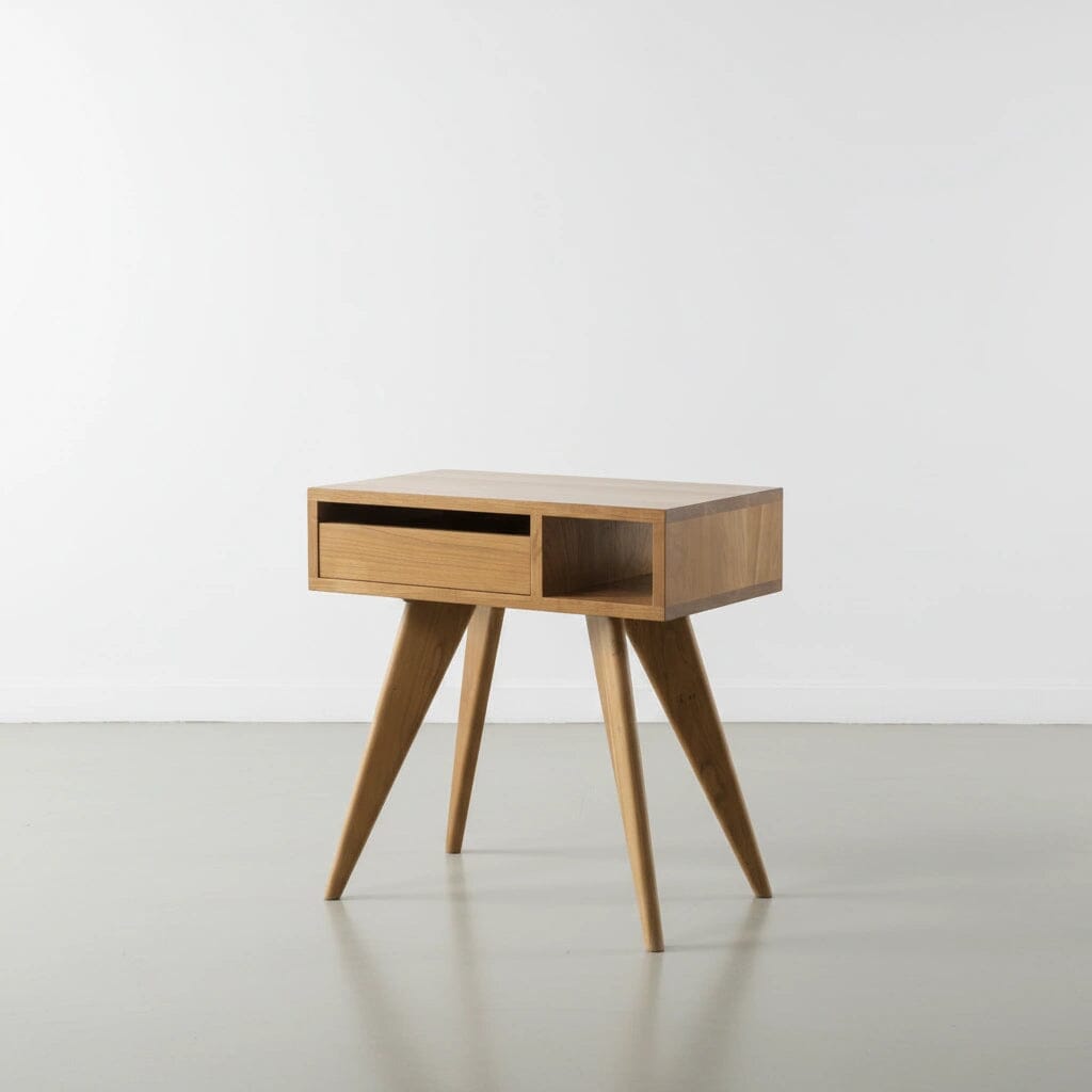 The TY Fine Furniture Mid-Century Modern Side Table - Cherry features four angled legs and an open shelf, showcasing mid-20th century style in a minimalist room with a light floor and white wall background.