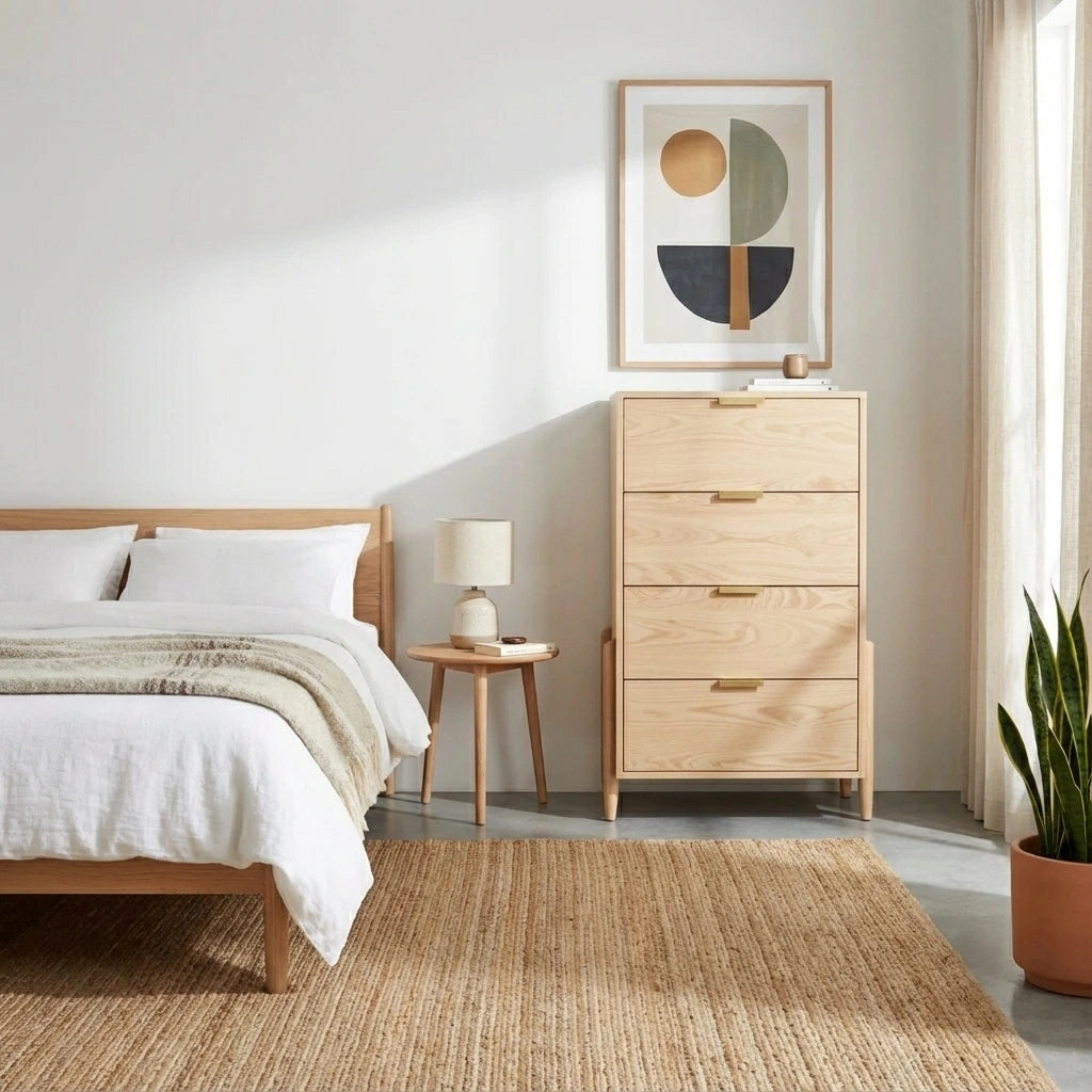 Minimalist bedroom featuring a TY Fine Furniture Apollo Tall Dresser in maple with soft-close drawers, a light wood bed, white bedding, bedside table with lamp, abstract wall art, woven rug, potted plant, and sheer curtains.