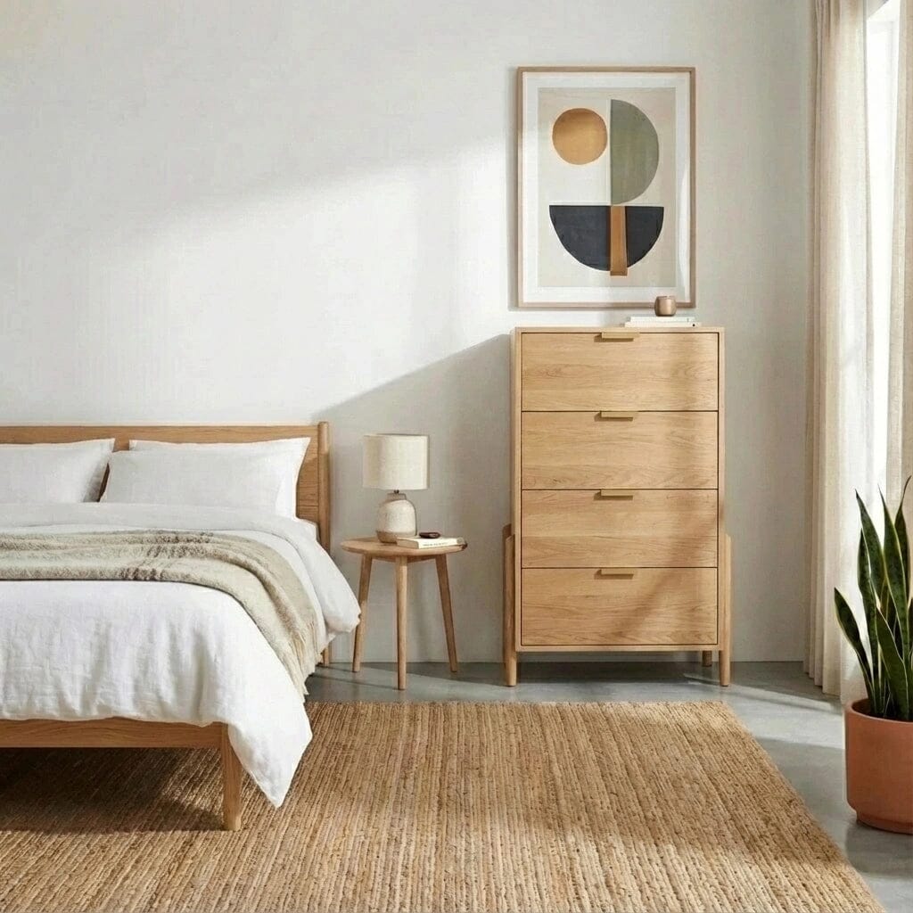 A minimalist bedroom with a solid wood bed, white bedding, a round nightstand and lamp, abstract wall art, a large potted plant, a woven rug, and the Apollo Tall Dresser in White Oak by TY Fine Furniture. Sunlight streams through sheer curtains.
