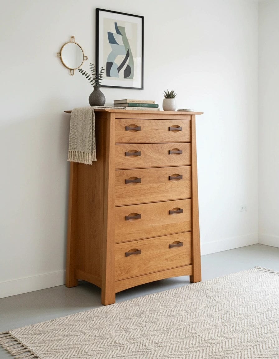 The TY Fine Furniture Enso 5-Drawer Upright Dresser in cherry stands against a white wall, topped with a vase, small plant, beige throw, and accented by modern art. A woven rug lies on the light floor.