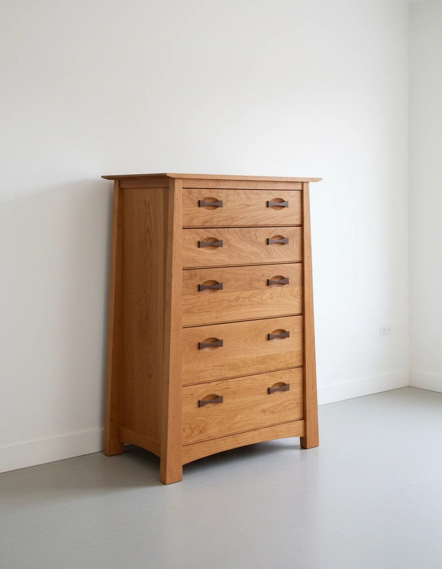 The TY Fine Furniture Enso 5-Drawer Upright Dresser, a handmade solid cherry wood chest, stands in a bright, minimal room with a gray floor, offering elegant upright bedroom storage with its sleek modern design.
