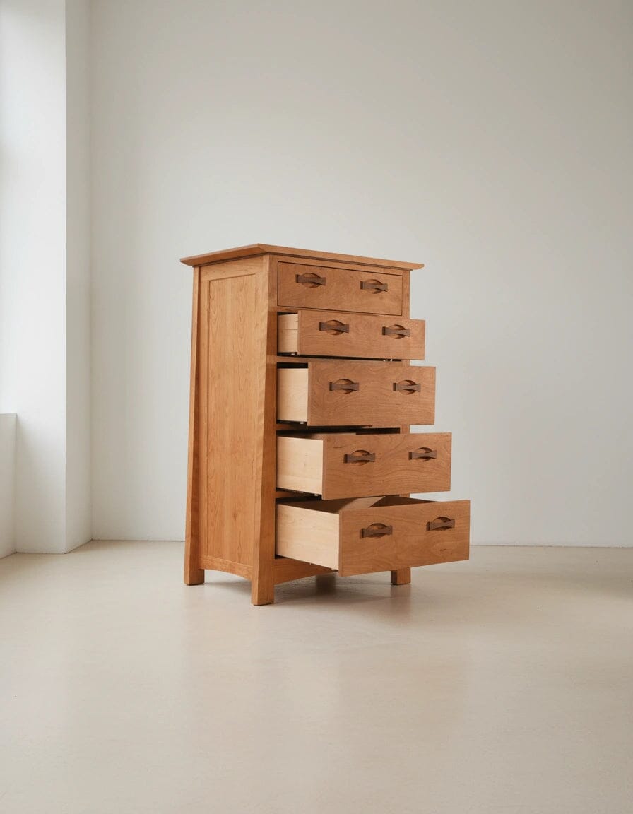 The Enso 5-Drawer Upright Dresser by TY Fine Furniture is a handmade solid cherry wood chest, shown with four drawers partially open in a bright, minimalist room—ideal modern bedroom storage.