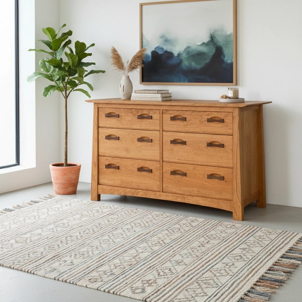 The Enso 6/8 Drawer Dresser by TY Fine Furniture, handcrafted in solid cherry wood, stands on a patterned rug. A potted plant, abstract art, and vases top it, enhancing a modern, minimalist space brightened by natural light.