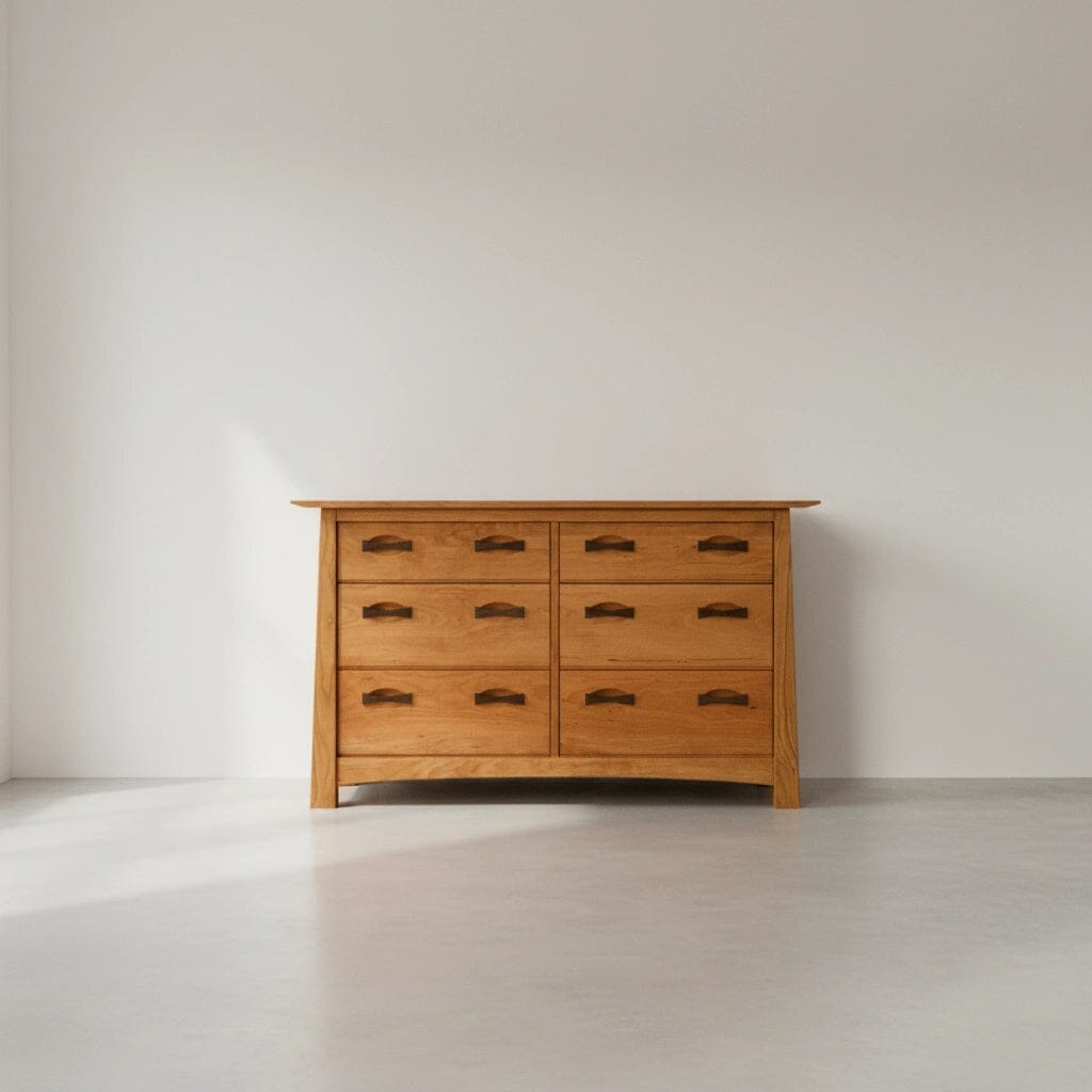 The Enso 6/8 Drawer Dresser by TY Fine Furniture, a handmade solid cherry wood chest with dark handles, stands against a white wall on a light floor in a minimalist, well-lit room.