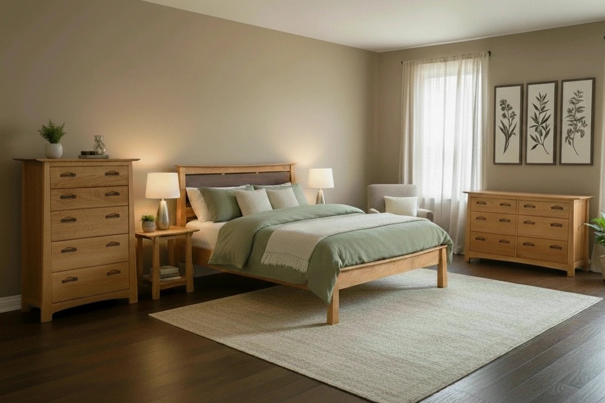 A cozy bedroom featuring the TY Fine Furniture Enso Platform Bed in cherry, green and white bedding, wooden furnishings, twin bedside tables with lamps, a dresser, chest of drawers, window-side chair, and botanical art on taupe walls.