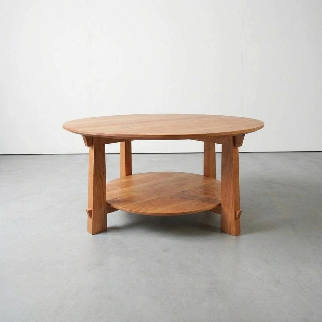 The Enso Round Coffee Table by TY Fine Furniture features a simple, sturdy solid wood design with four legs and a natural finish, including a lower shelf. Shown against a white wall and gray floor. Handcrafted in Columbus, OH.