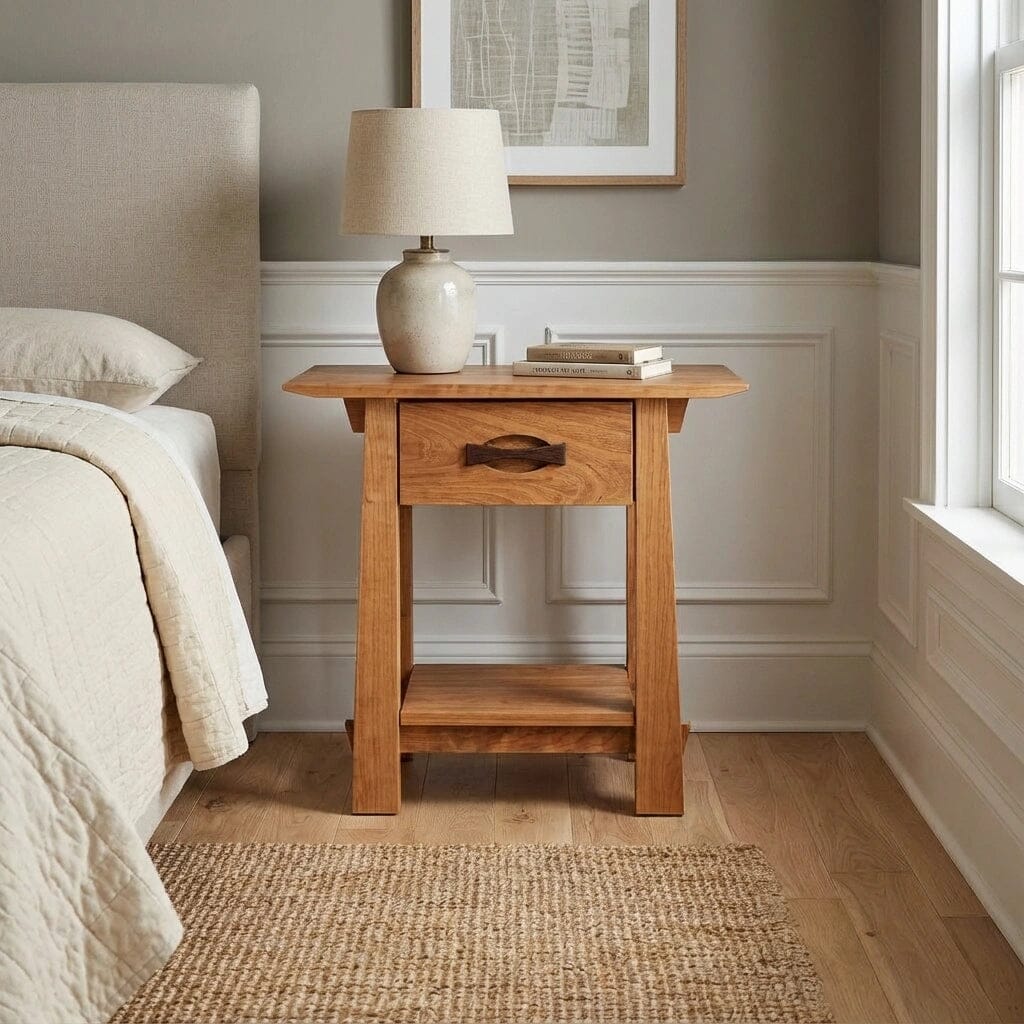 The Enso Side Table With Drawer Solid Wood Handmade Organic-Cherry by TY Fine Furniture sits beside a beige bed, topped with a ceramic lamp and books. Neutral walls, a rug, abstract art, and natural light complete the serene space.