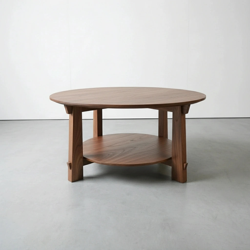 The Enso Round Coffee Table by TY Fine Furniture features a walnut top, four sturdy legs, and a lower shelf, showcasing Japanese-inspired design. Handcrafted in Ohio, it's elegantly set on a light gray floor against a white wall.