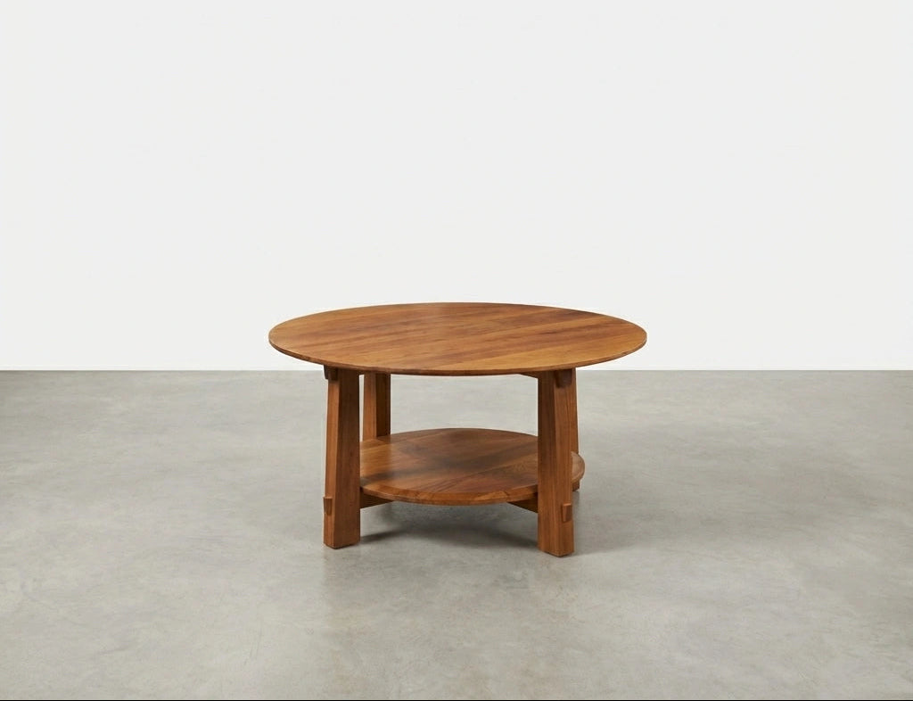 The Enso Round Coffee Table by TY Fine Furniture, crafted in cherry wood in Ohio, features four legs and a lower shelf. It sits on a smooth concrete floor against a plain white wall.