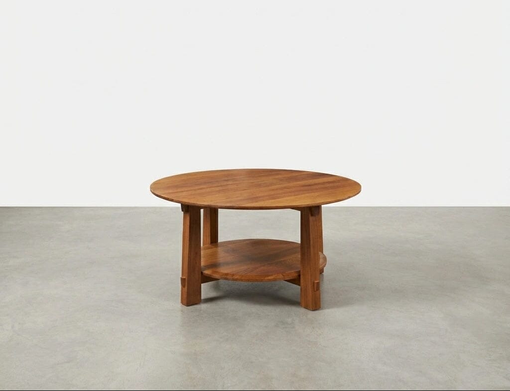 The Enso Round Coffee Table by TY Fine Furniture, crafted from solid cherry wood with four legs and a lower shelf, is displayed on a smooth concrete floor against a plain white background in Columbus, OH.