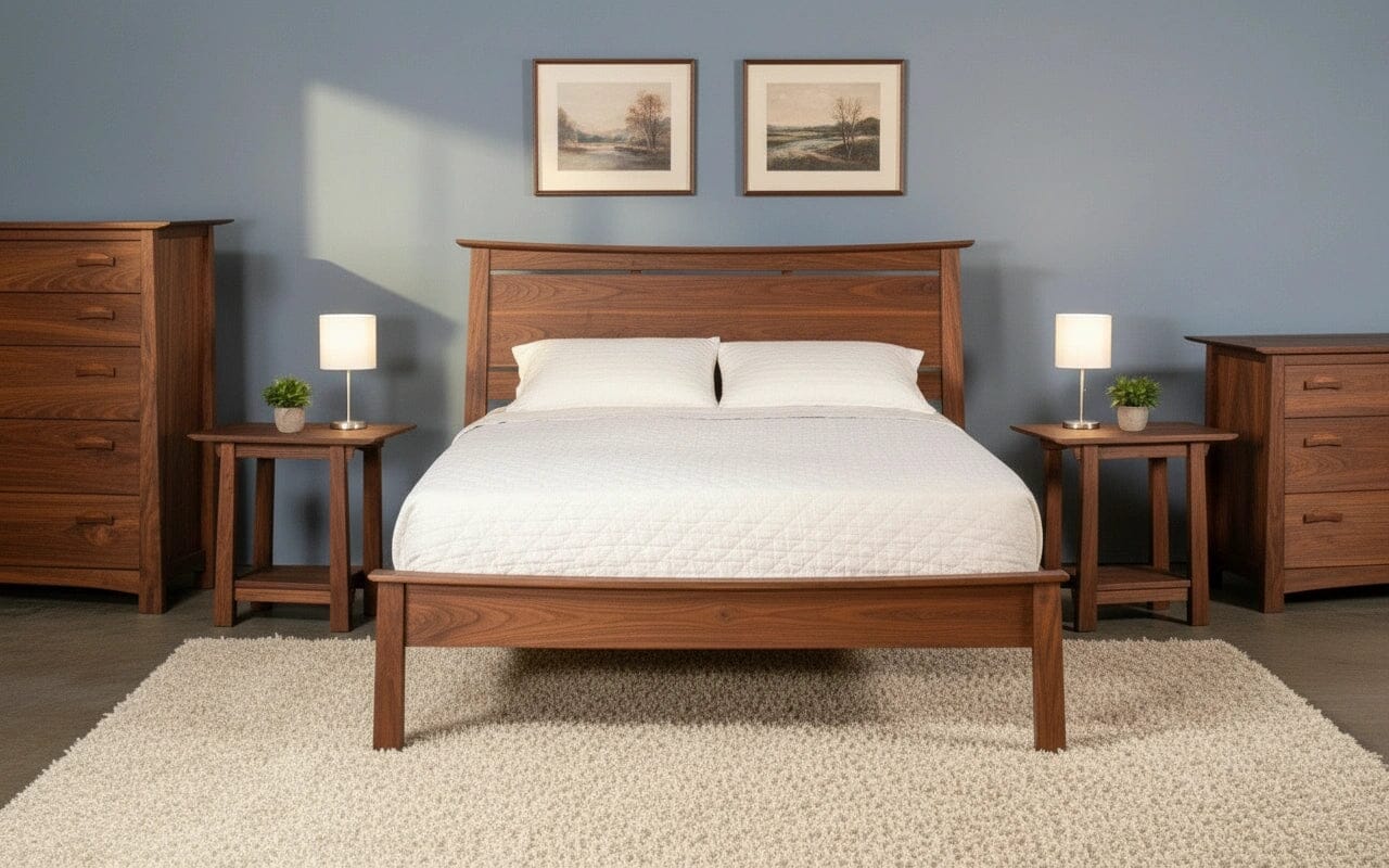 A bedroom with the TY Fine Furniture Enso Platform Bed in walnut, white bedding, matching wooden nightstands with lamps and plants, a dresser, chest of drawers, light rug, blue walls, and framed landscapes creates a modern heirloom feel.