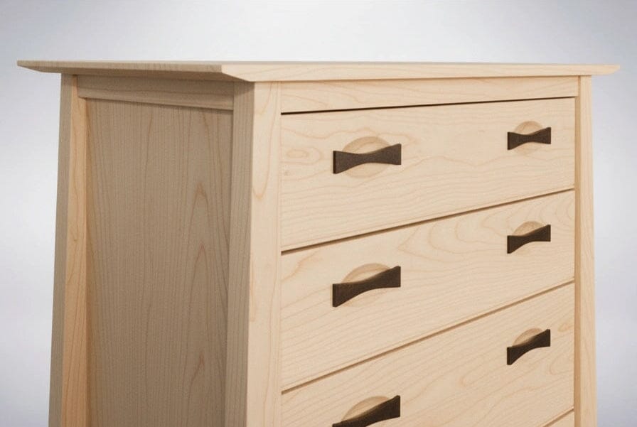 The TY Fine Furniture Enso 5-Drawer Upright Dresser is a handmade solid maple chest featuring a slim, modern design with visible wood grain and smooth surfaces—each of its five drawers has two sleek dark rectangular handles.