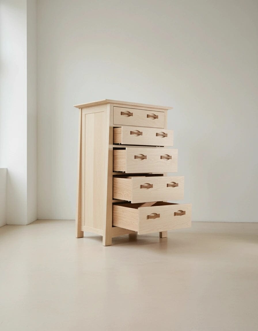 The TY Fine Furniture Enso 5-Drawer Upright Dresser, a handmade solid maple chest, stands with partially open drawers in a bright, minimal room with white walls and a light floor.