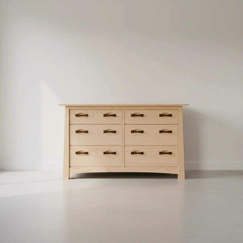 Wooden dresser with multiple drawers on a white background