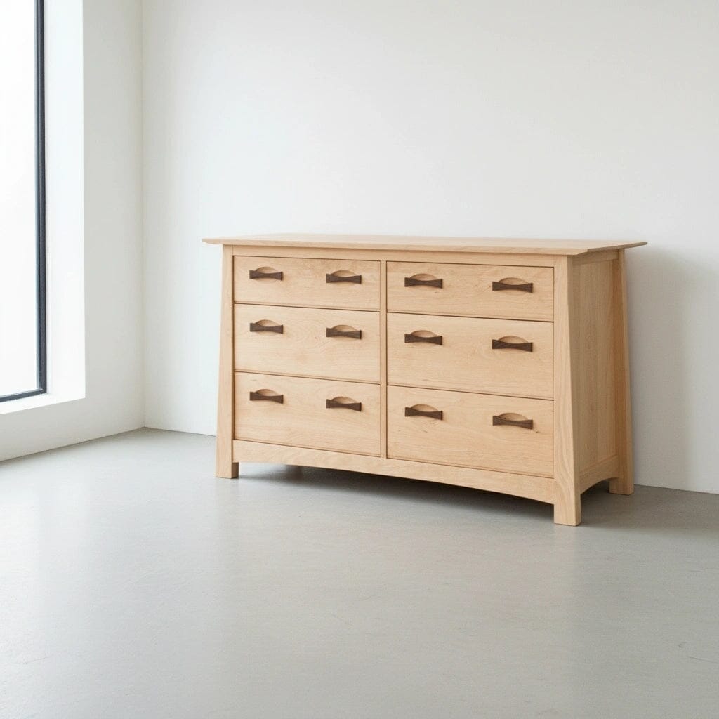 The Enso 6/8-Drawer Dresser by TY Fine Furniture, handmade from solid maple, stands against a white wall in a bright, minimal room, providing stylish bedroom storage.