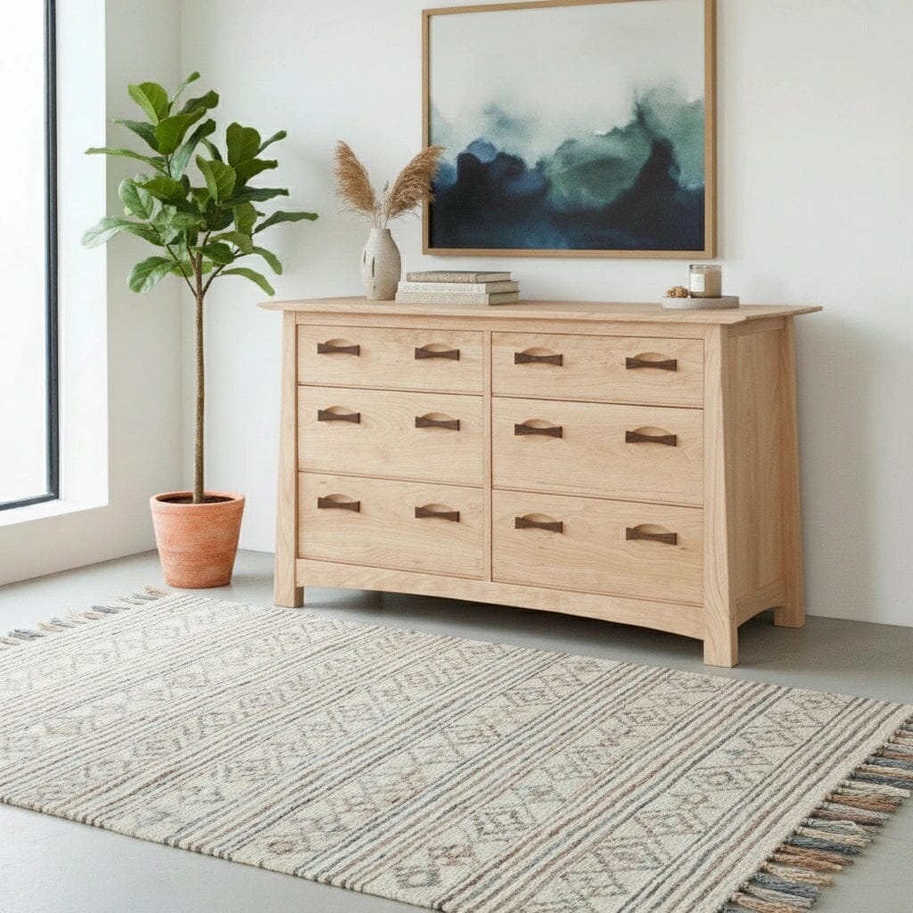 The Enso 6/8-Drawer Dresser by TY Fine Furniture, a handmade solid maple chest, stands on a patterned rug. A potted plant is on the left, with a framed abstract painting and decor displayed on top against a white wall.