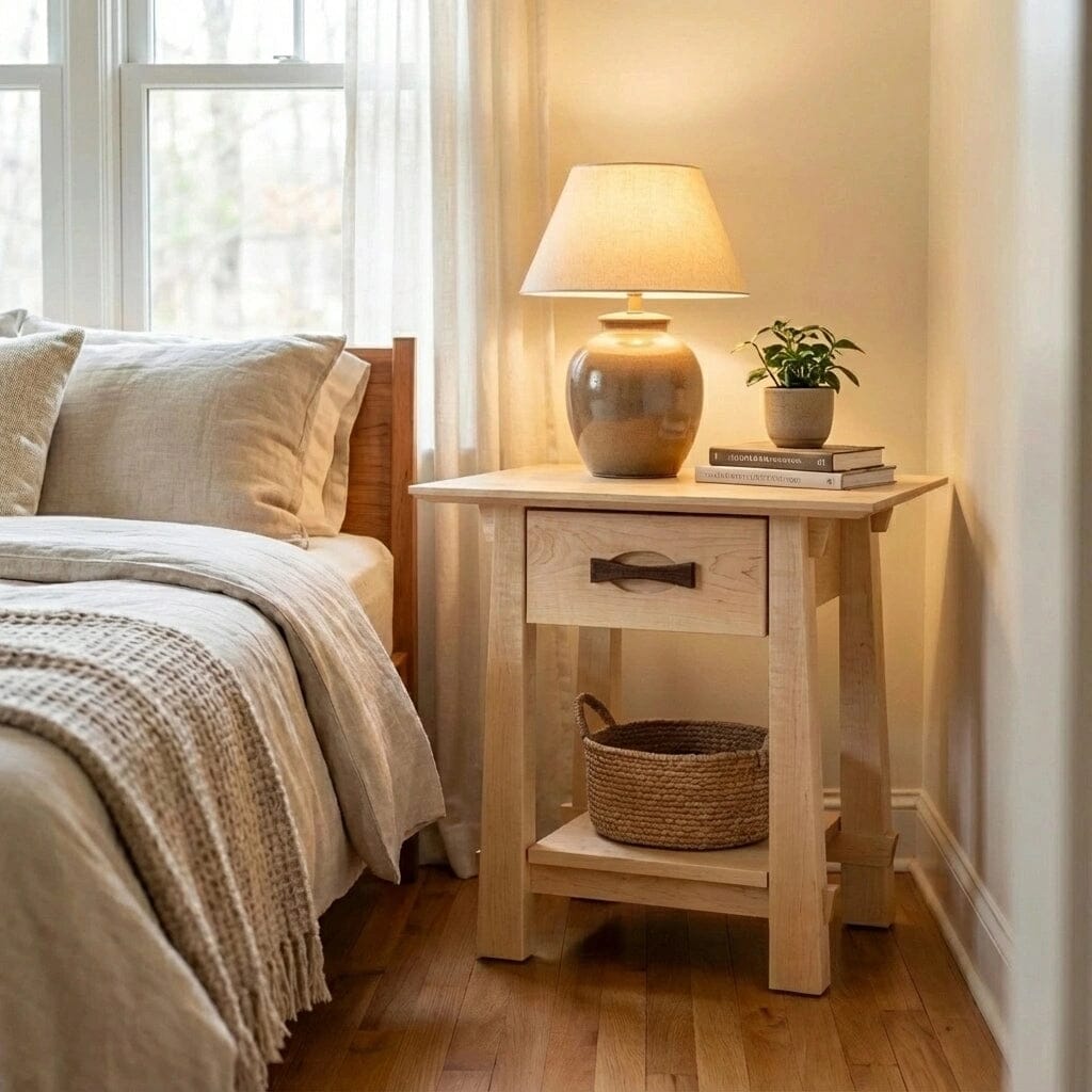 A cozy bedroom features the Enso Side Table with Drawer in Maple by TY Fine Furniture, topped with a ceramic lamp, potted plant, and book. A woven basket rests on the shelf below. Neutral bedding adorns the bed as sunlight streams through large windows.