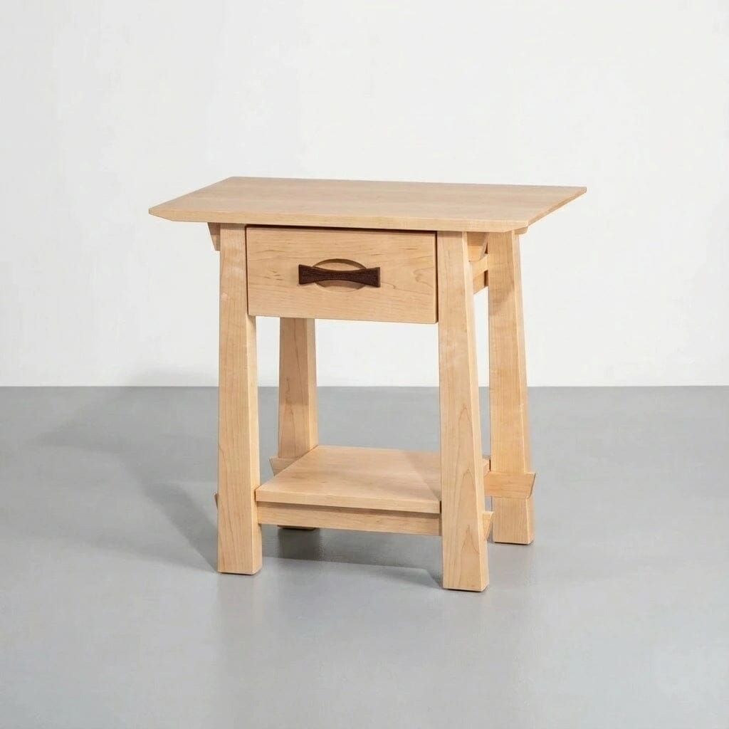 The Enso Side Table with Drawer in Maple by TY Fine Furniture is a small, lightweight solid wood table featuring a dark-handled drawer, open lower shelf, and angled legs, shown on a gray floor against a white wall.
