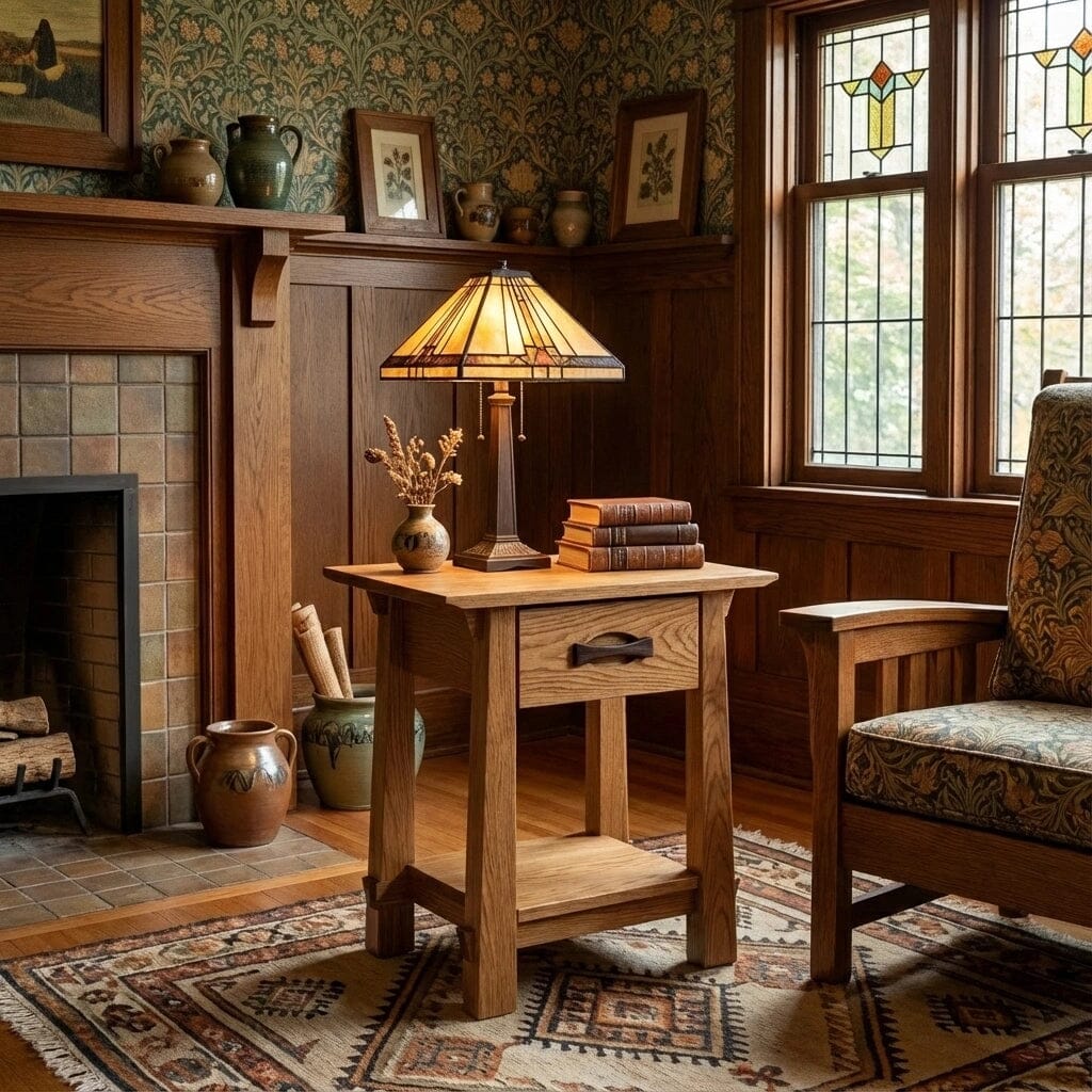 A cozy living room featuring the Enso Side Table with Drawer in White Oak by TY Fine Furniture—solid wood beside an armchair, with books, a lamp, vase, fireplace, and stained glass windows in warm Craftsman-style decor.