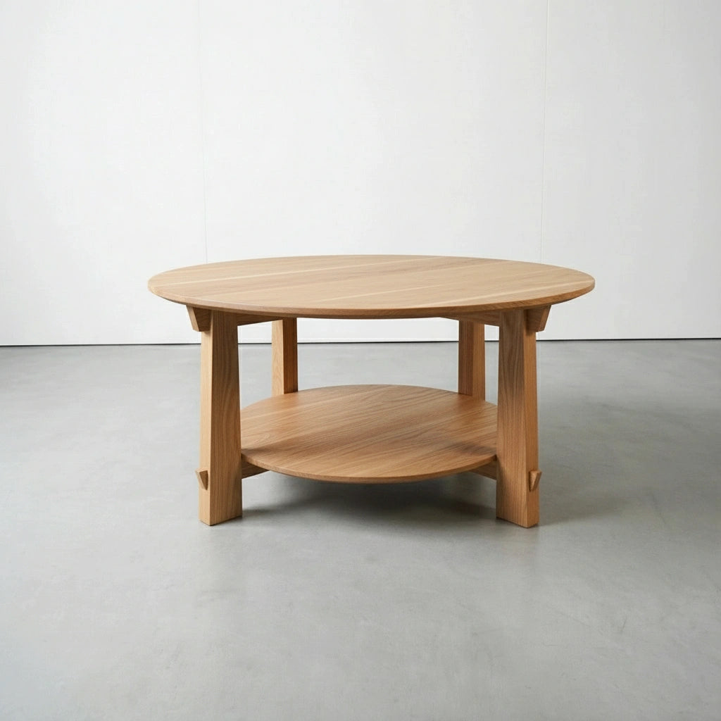 The Enso Round Coffee Table by TY Fine Furniture is a handcrafted solid white oak piece with clean lines and a lower shelf, crafted in Ohio. It rests on a smooth grey floor against a plain white wall.