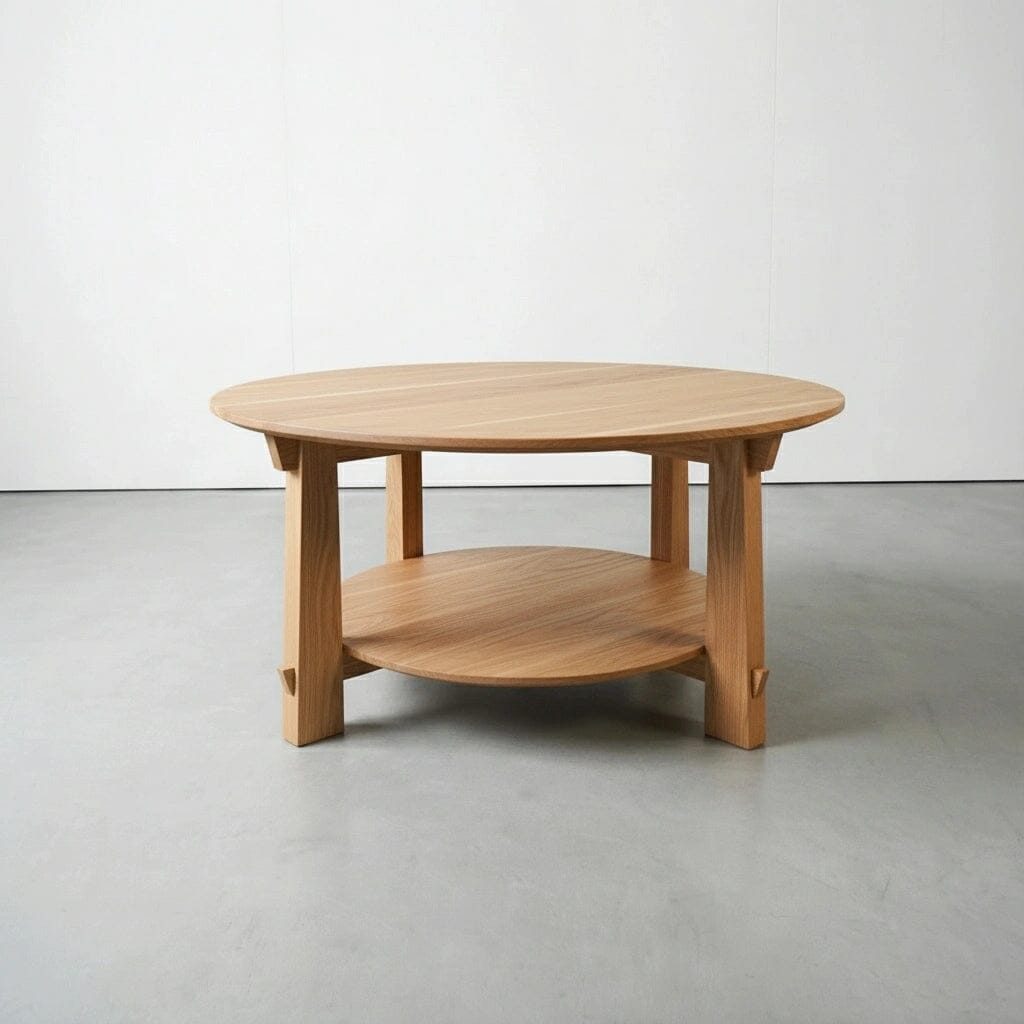 The Enso Round Coffee Table in White Oak by TY Fine Furniture features a solid wood build and Japanese-inspired design, with a lower shelf, set on a smooth gray floor against a plain white wall.