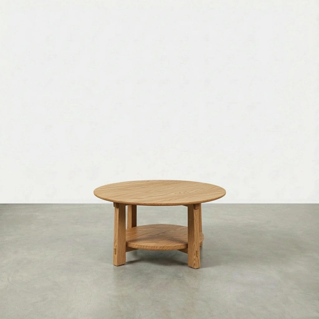 The Enso Round Coffee Table in White Oak by TY Fine Furniture features solid wood construction and a Japanese-inspired design with four legs and a lower shelf, shown here on a gray floor against a plain white wall.