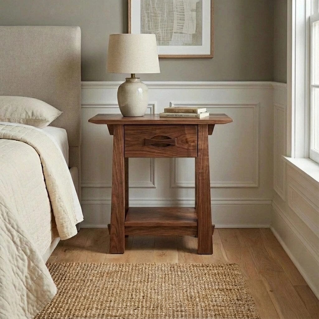 The Enso Side Table with Drawer in Walnut by TY Fine Furniture stands beside a beige upholstered bed. This solid wood piece holds a ceramic lamp and books, complementing light walls, paneling, and a woven rug on the wood floor.
