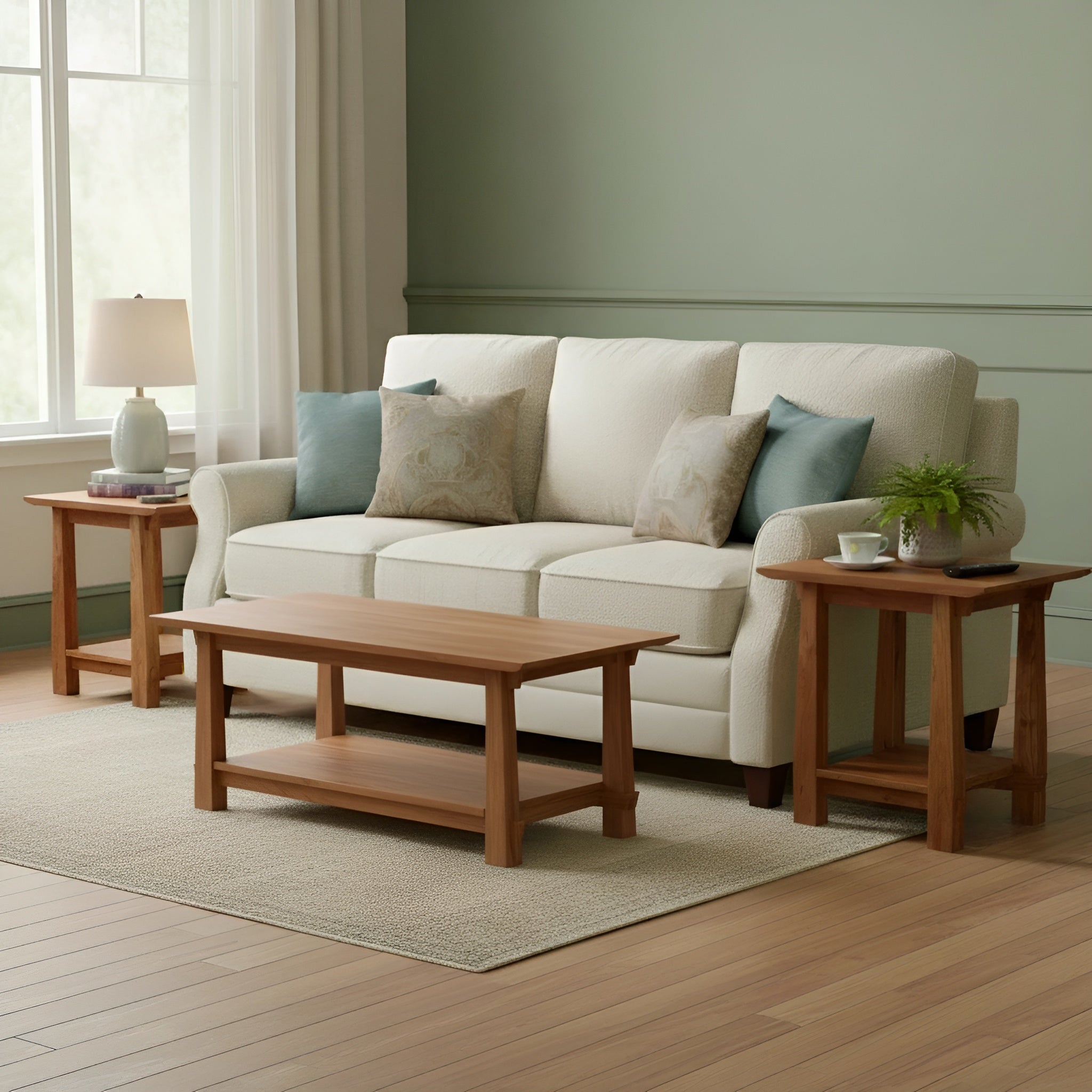 A bright living room with a cream sofa, pastel cushions, a lamp, a plant, and TY Fine Furniture's Horizon Side Table in solid cherry wood. Large windows with white curtains let in natural light.