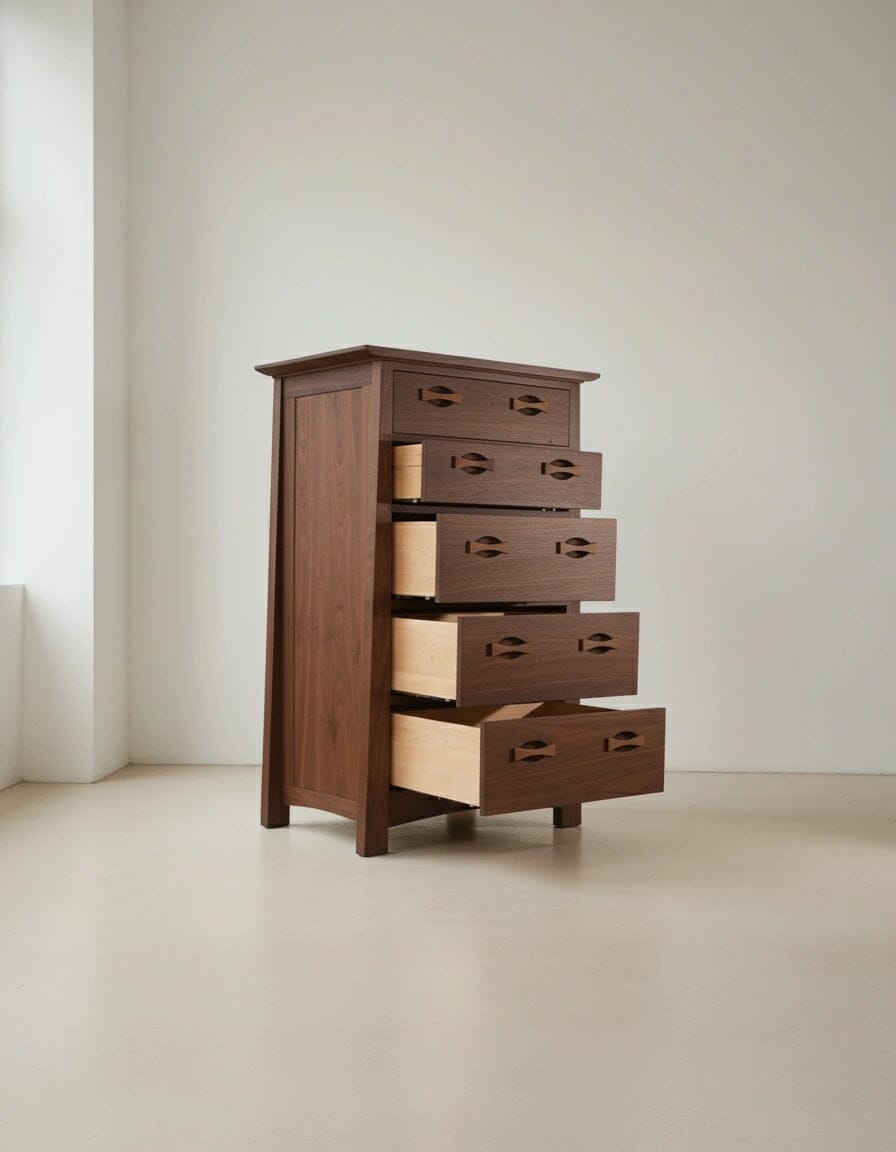 The Enso 5-Drawer Upright Dresser by TY Fine Furniture is a handmade solid walnut chest with light interiors, offering elegant bedroom storage. It stands against a white wall on a light floor, showcasing fine craftsmanship.
