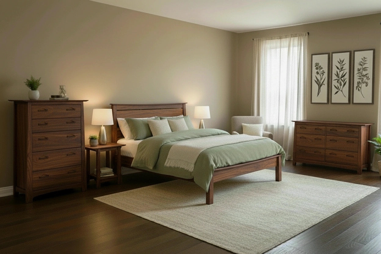 A cozy bedroom with TY Fine Furniture's Enso Platform Bed–Walnut, dressed in green bedding. Soft lighting, a neutral rug, and botanical artwork on beige walls create a serene atmosphere.