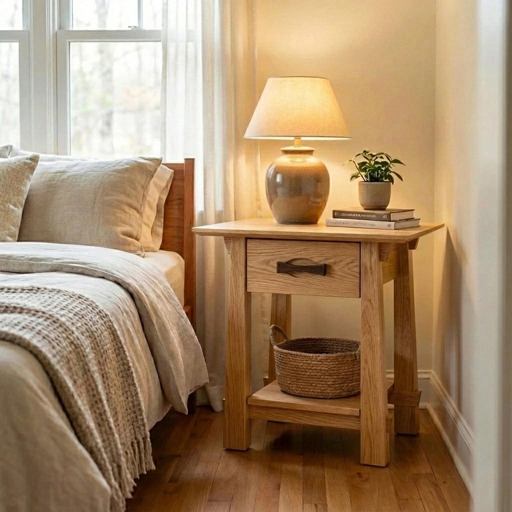 A cozy bedroom showcases the TY Fine Furniture Enso Side Table With Drawer in solid white oak, featuring a lamp, potted plant, and books on top. A woven basket rests on the lower shelf beside a neatly made bed with beige bedding.