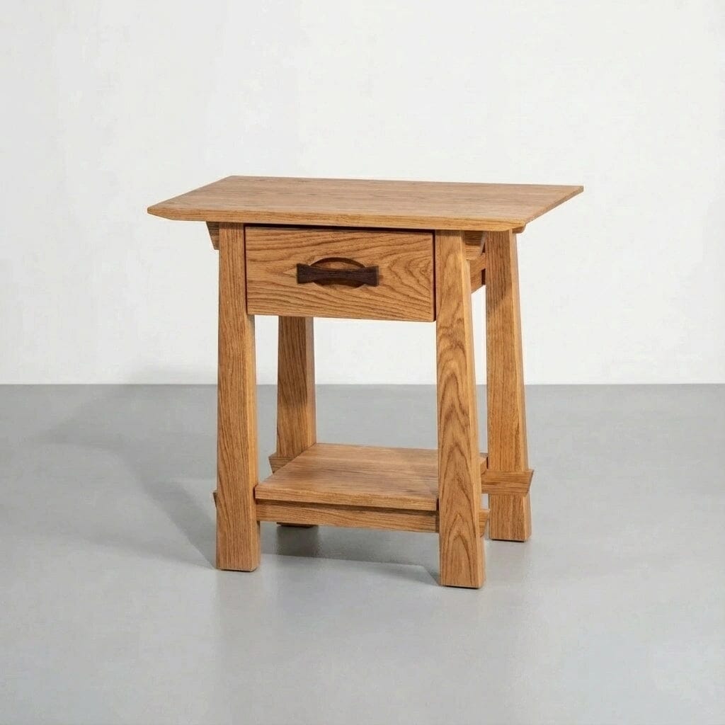 The Enso Side Table with Drawer in White Oak by TY Fine Furniture features solid wood construction, a single drawer, and open shelf. Its Japanese-inspired design and light brown finish stand out against a plain background.