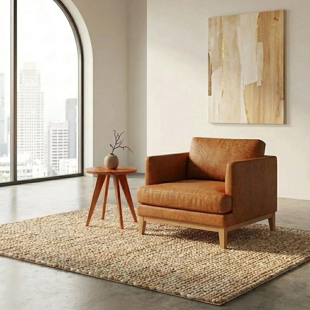 A modern living room with a brown leather armchair, the Essentials Round Side Table in Cherry by TY Fine Furniture holding a vase with branches, a textured beige rug, abstract wall art, and a large window overlooking city buildings.