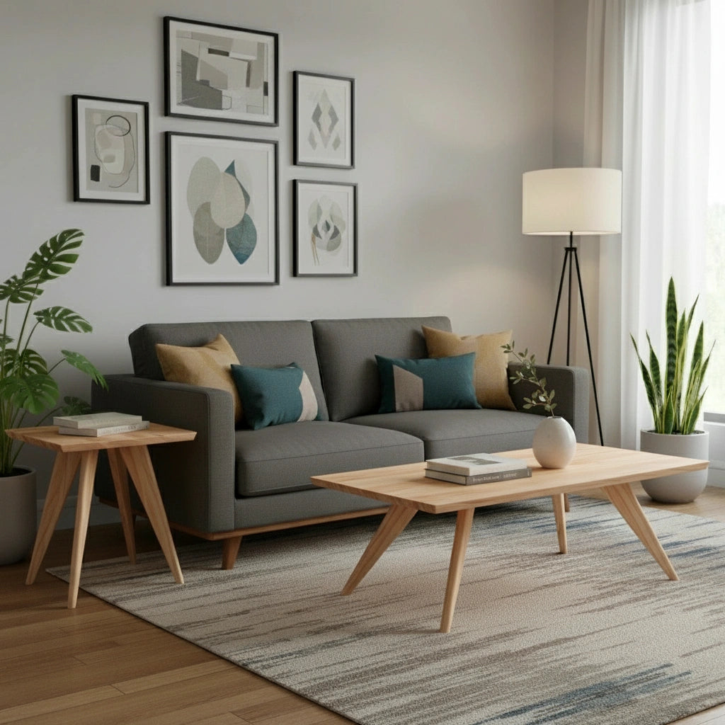 A modern living room with a gray sofa, teal and beige cushions, TY Fine Furniture Essentials Solid Wood Side Table Maple with hairpin legs, potted plants, a floor lamp, geometric wall art, sheer curtains on a large window, and a patterned rug over the wooden floor.
