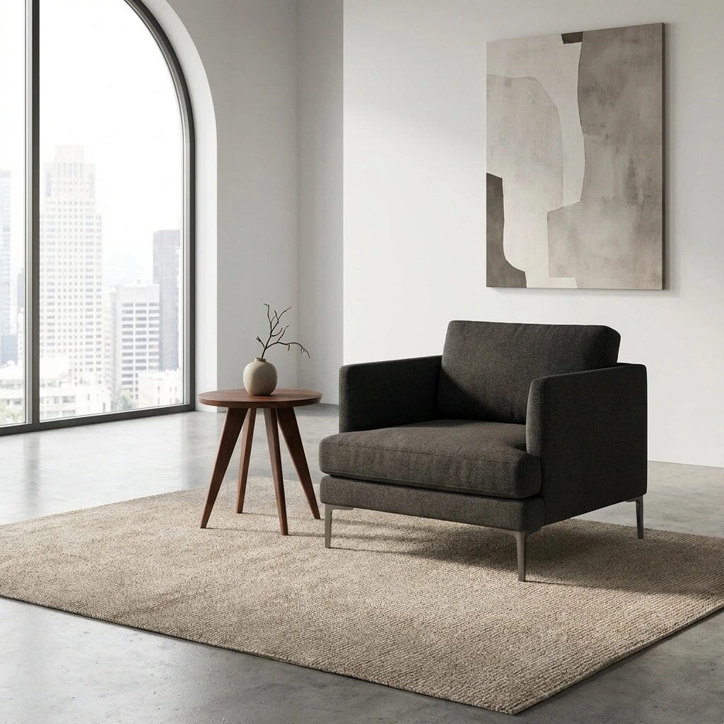 A modern minimalist living room with a dark gray armchair, abstract wall art, a beige rug, and large windows revealing a cityscape features the Modern Essentials Round Side Table by TY Fine Furniture from Columbus OH holding a small branch in a vase.