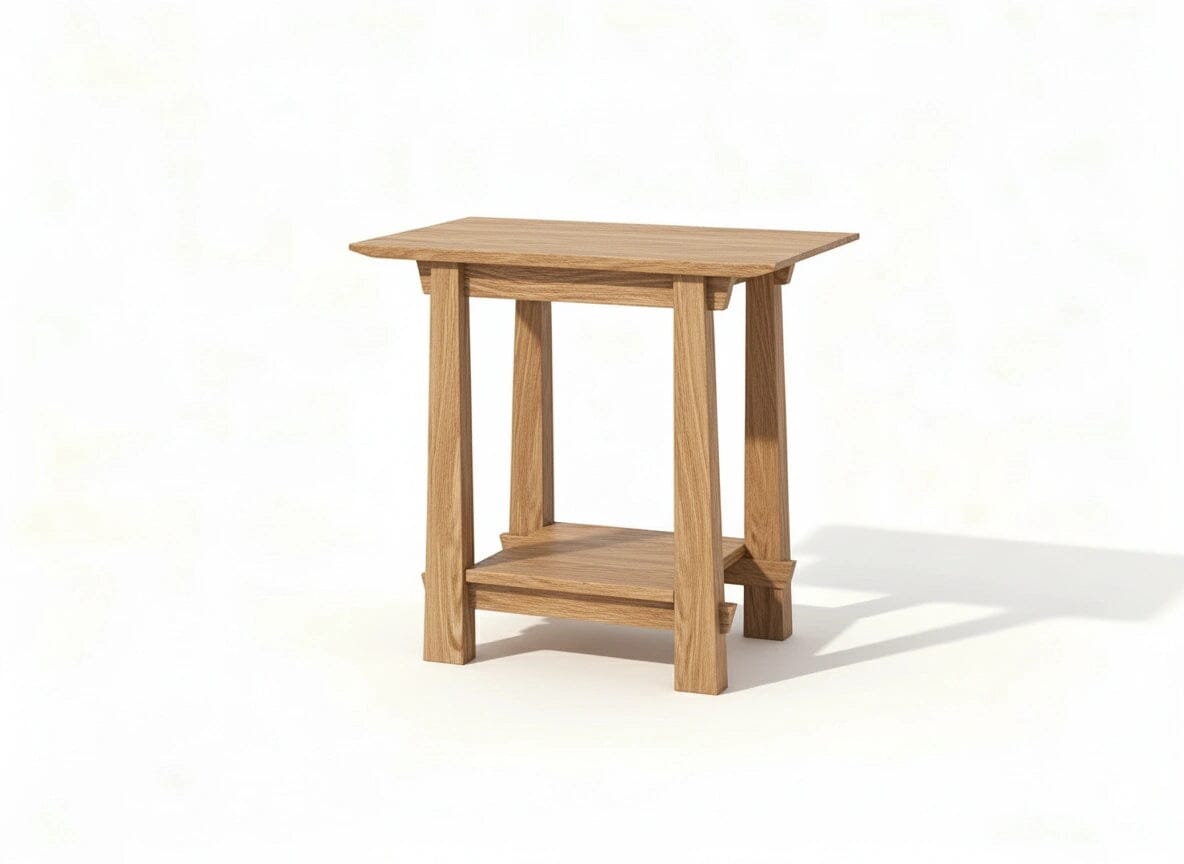The Horizon Side Table in White Oak by TY Fine Furniture is a solid wood table with a rectangular top, four angled legs, and lower shelf, inspired by minimalist Japanese design. Photographed against a white background.