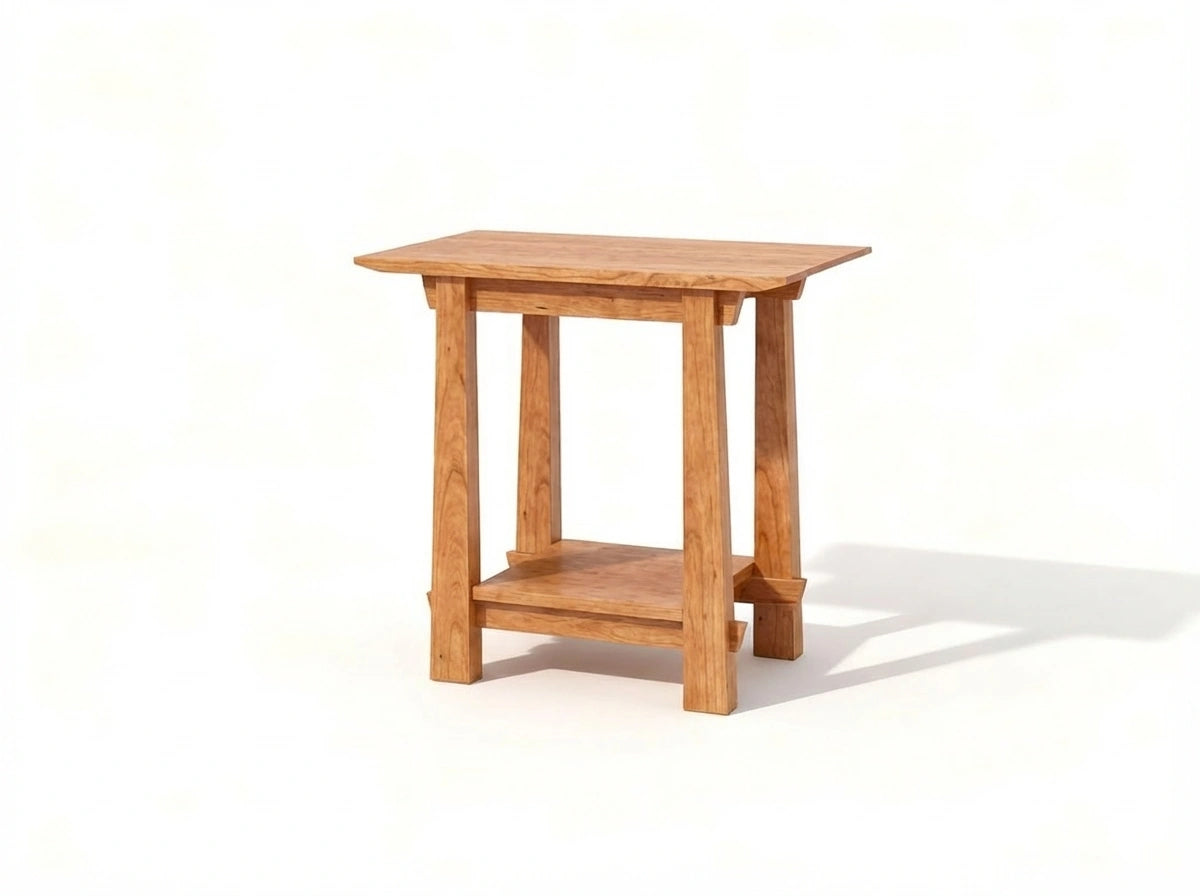 The Horizon Side Table Solid Wood - Cherry by TY Fine Furniture features a rectangular top, four sturdy legs, and a lower shelf in minimalist Japanese style, handcrafted in solid cherry wood and shown against a plain white background.