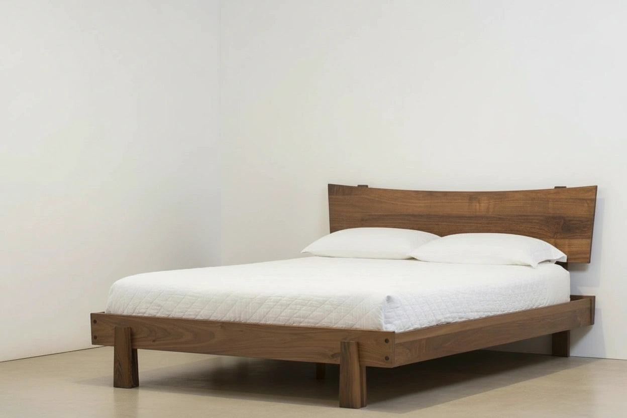Side view of the Horizon Platform bed in walnut wood. The bed frame is made in USA, using natural hardwood.