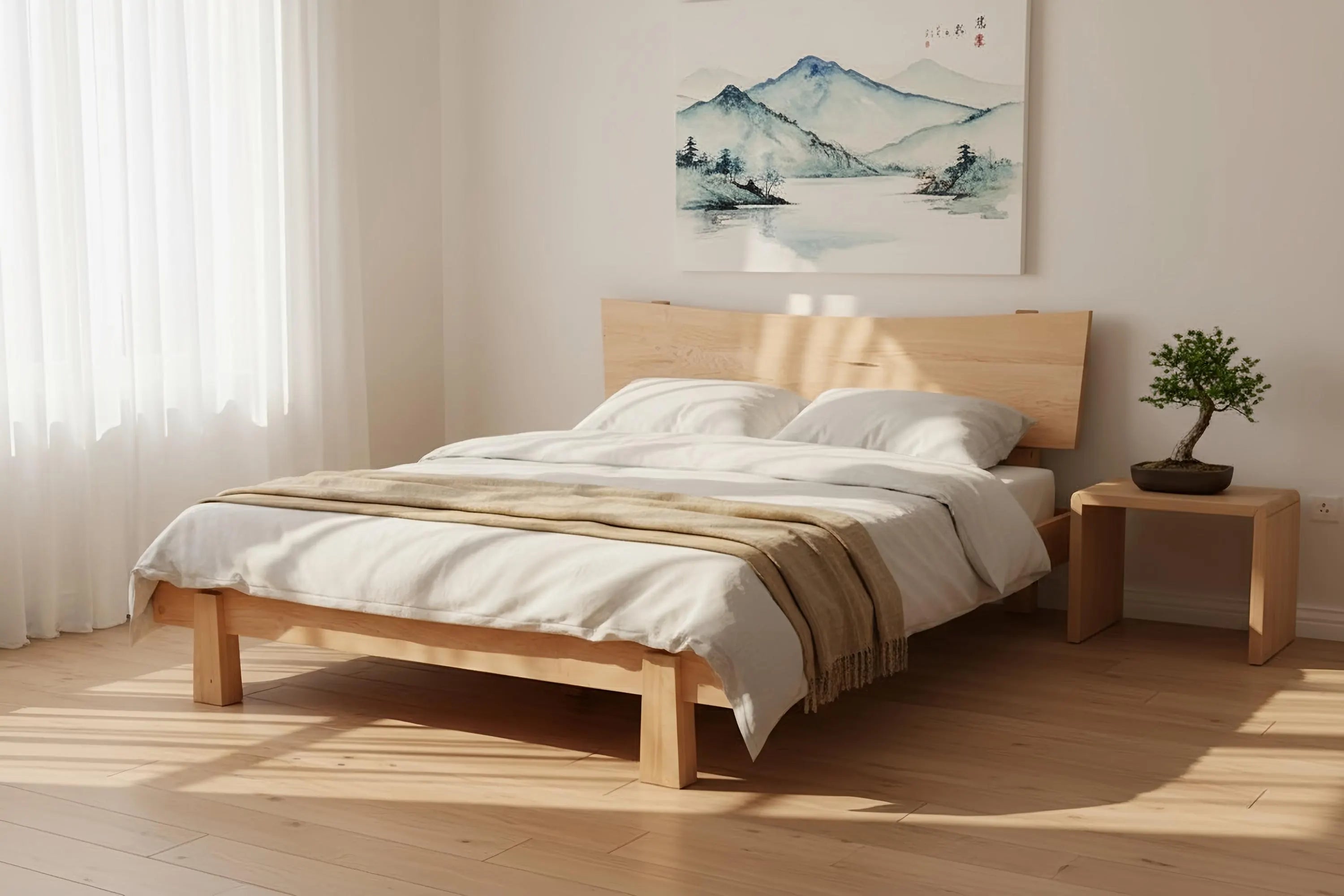 Horizon Platform Bed in solid wood maple, inside a bedroom with Japandi aesthetic. This bed frame is made in USA.