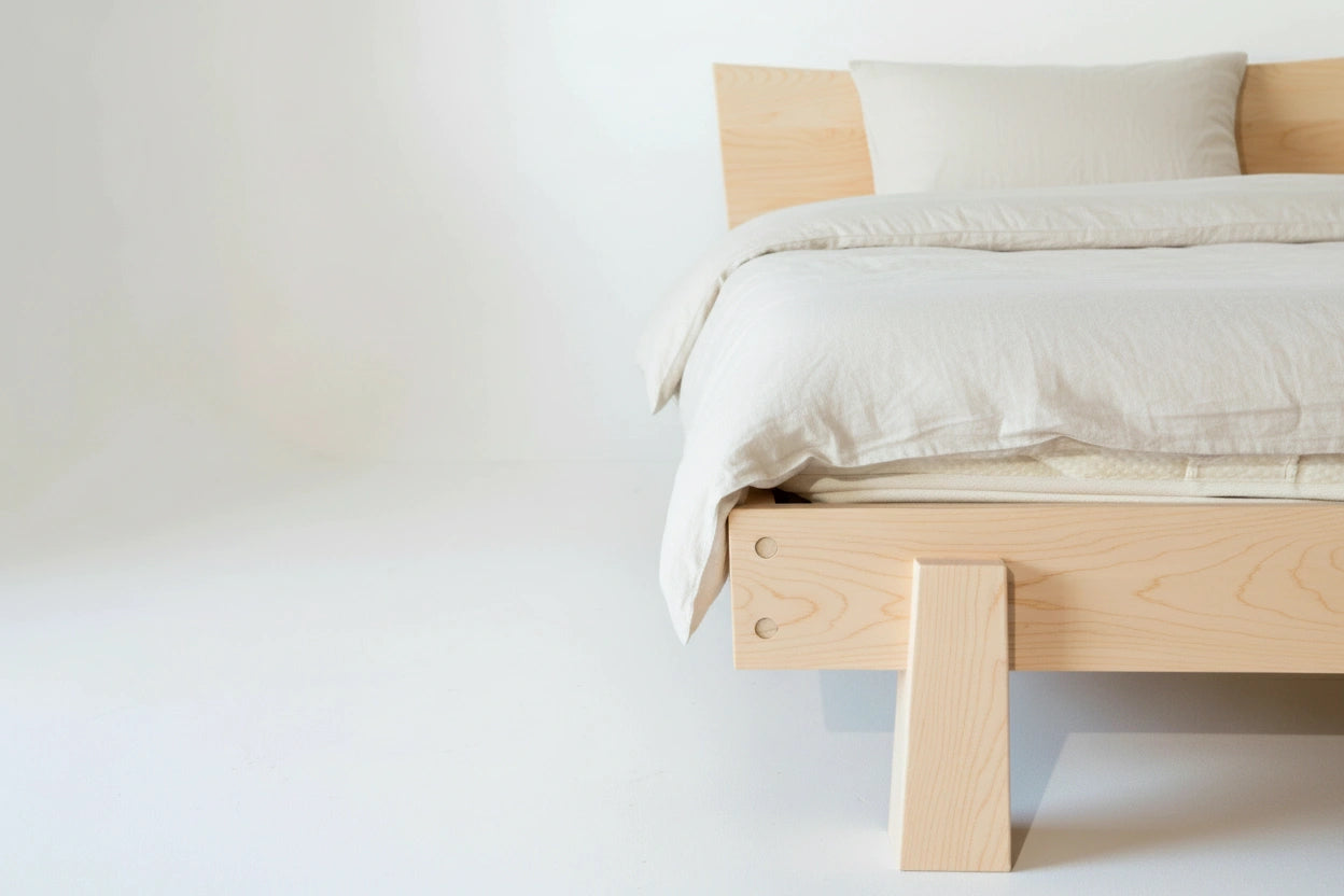 Leg detail of the Horizon Platform Bed in solid wood maple. This bed frame is made in USA.