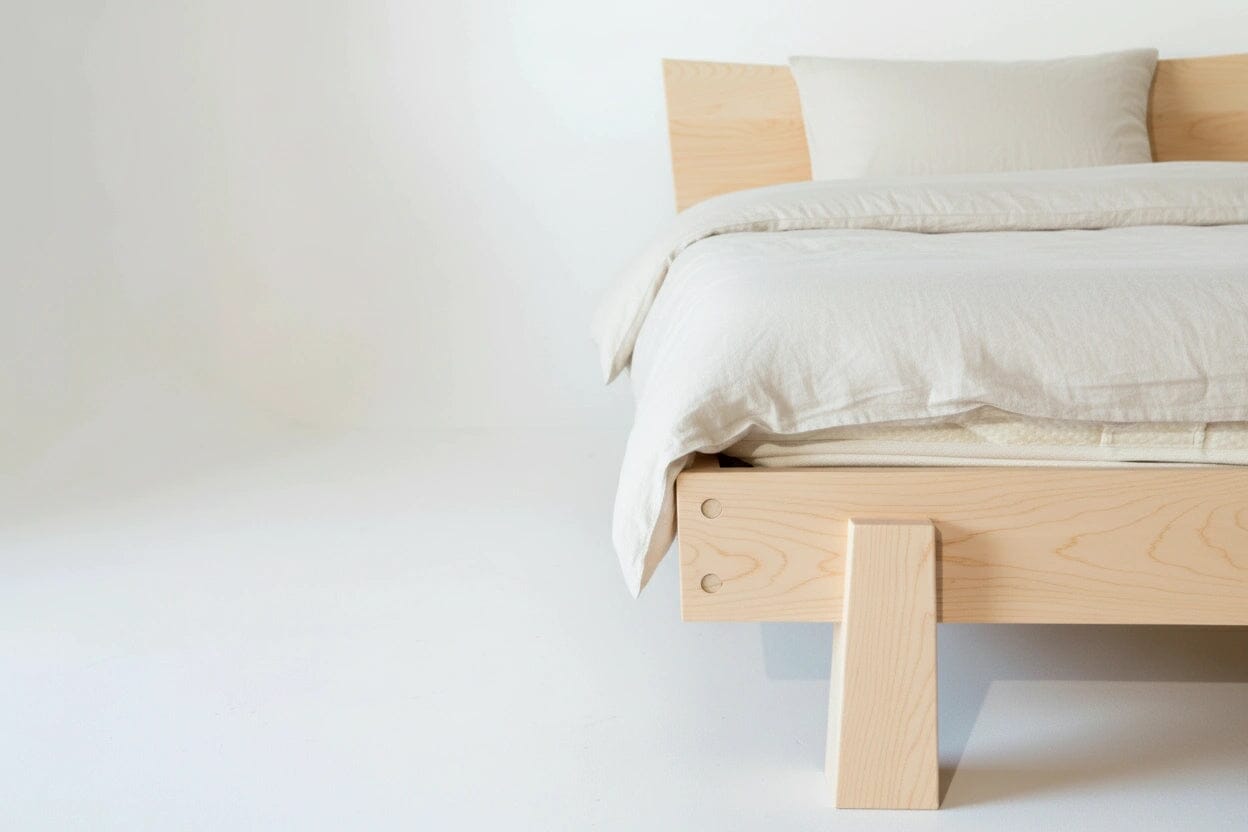 Leg detail of the Horizon Platform Bed in solid wood maple. This bed frame is made in USA.