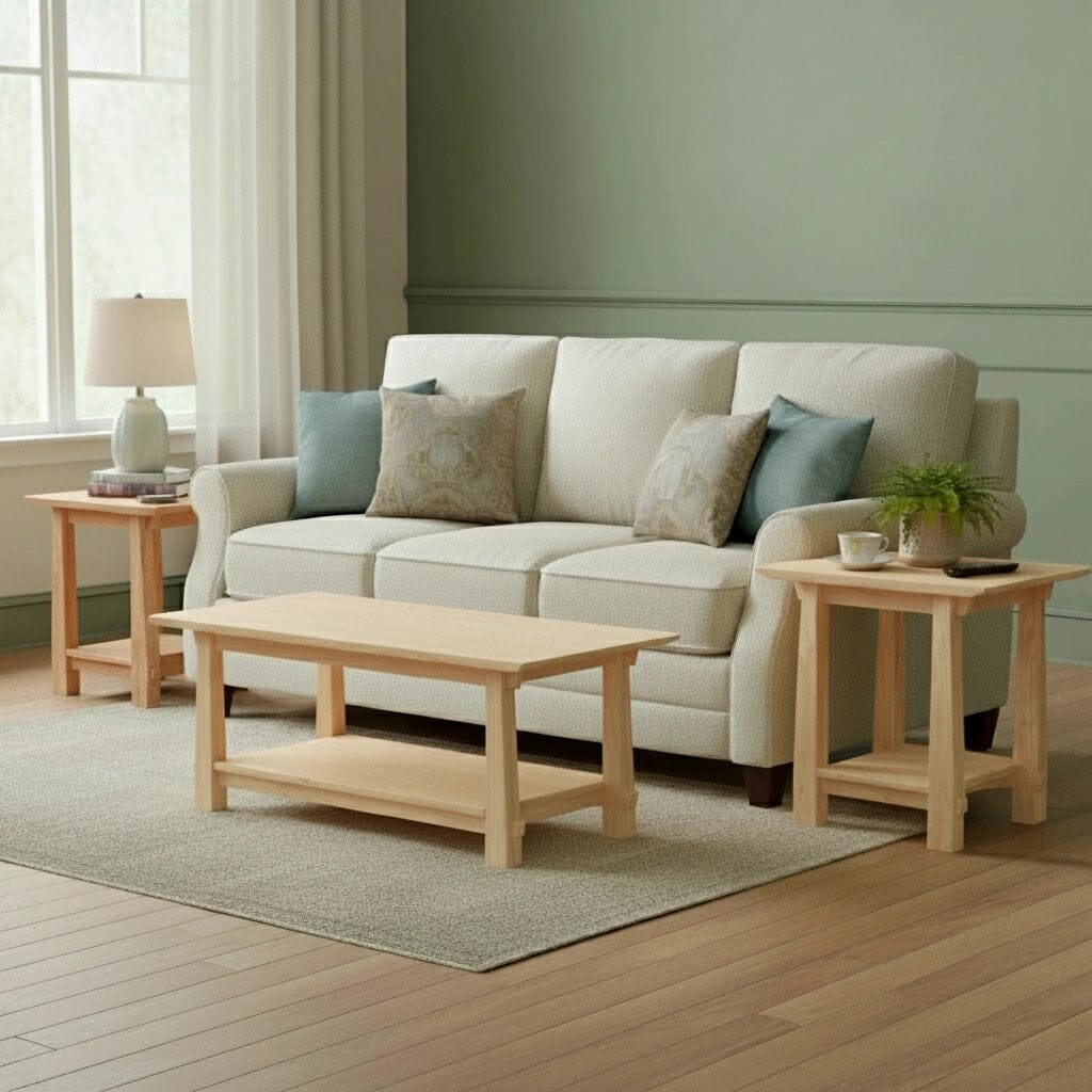 A cozy living room with a beige sofa, patterned and solid pillows, two TY Fine Furniture Horizon Side Tables in Maple, and a wooden coffee table. Light wood flooring and white curtains complete this inviting space.