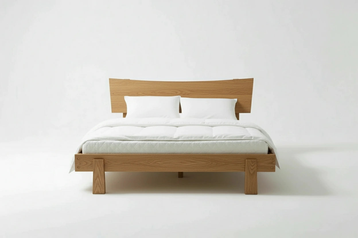 Front view of the Horizon Platform Bed in White Oak. Bed frame is made in USA using natural hardwood.