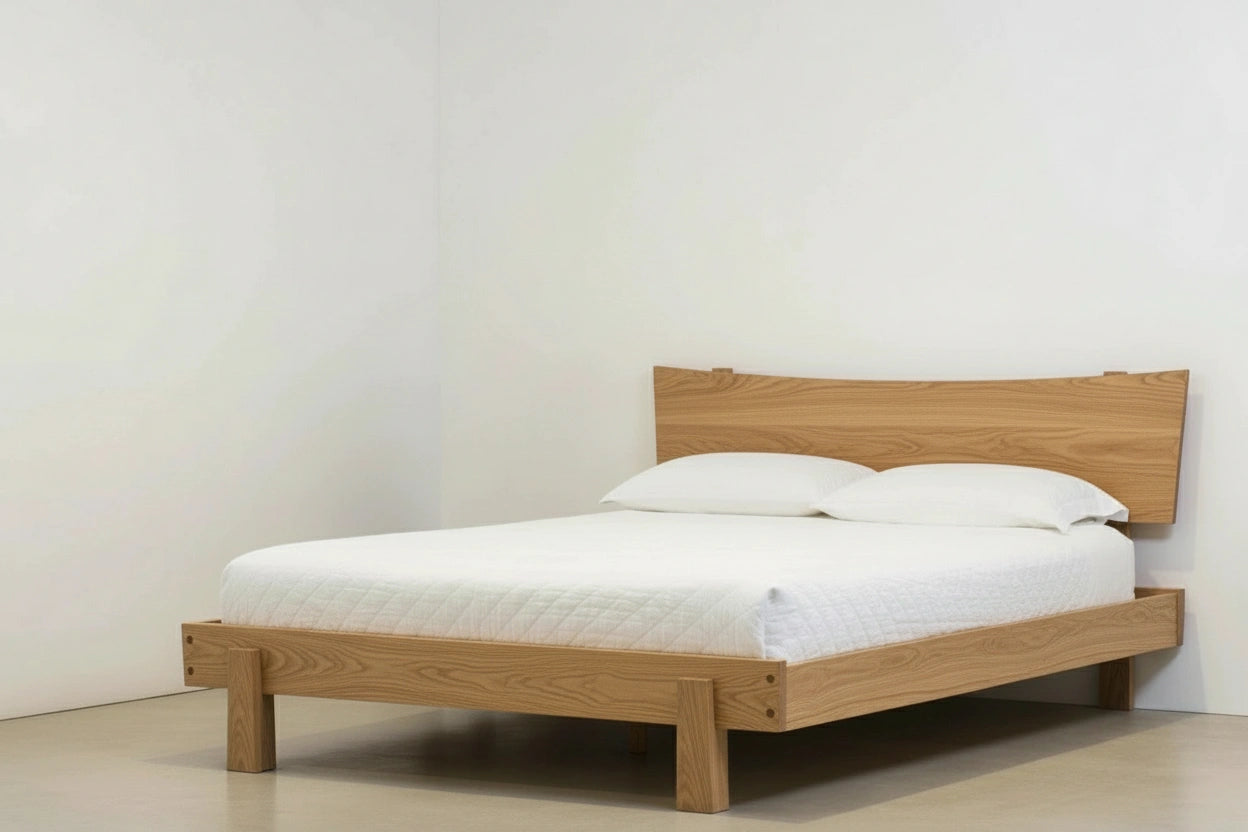 Side view of the Horizon Platform Bed in White Oak. Bed frame is made in USA using natural hardwood.
