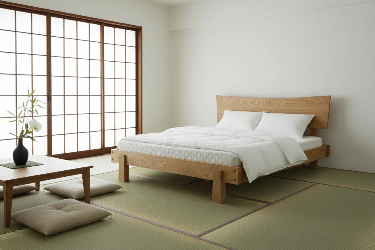 Horizon Platform Bed in White Oak, inside a Japanese-inspired bedroom. Bed frame is made in USA using natural hardwood.