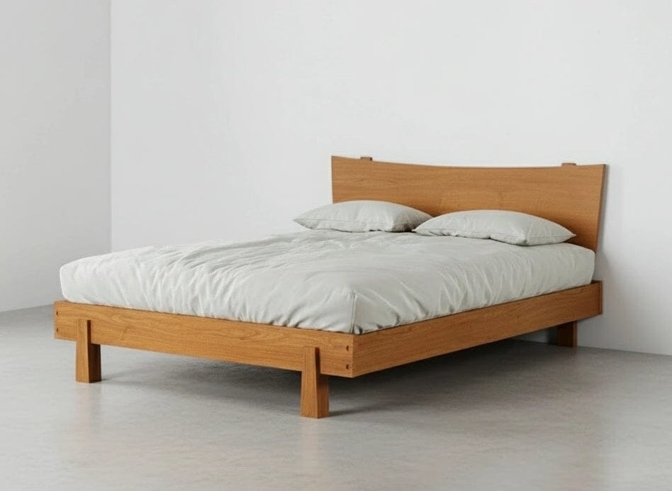 The Horizon Platform Bed by TY Fine Furniture is a minimalist handcrafted solid wood cherry frame, shown with a white comforter and pillows against a plain white wall and light floor—modern serenity in design.